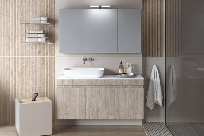 Modern bathroom with wooden cabinets and minimal design, ideal for Airbnb, by CenterHome.
