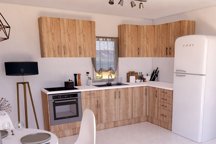 Kitchen with wooden cabinets, a retro fridge, and a warm aesthetic, ideal for an economical renovation, by CenterHome.