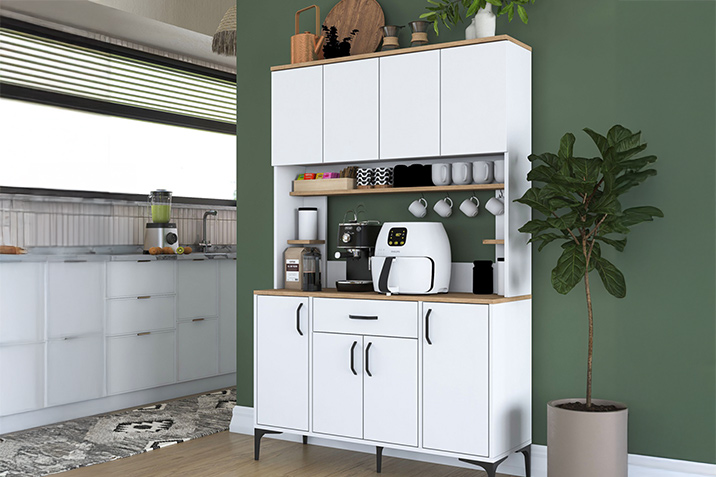 Small kitchen with white cabinets, a coffee station, and a green wall, ideal for an economical renovation, by CenterHome.