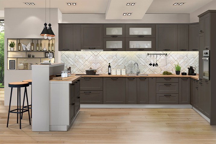 Spacious kitchen with dark cabinets, wooden countertops, and modern lighting, ideal for an economical renovation, by CenterHome.