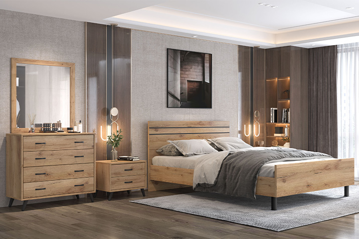 Modern bedroom with wooden furniture and warm decor, ideal for Airbnb hosting, by CenterHome.