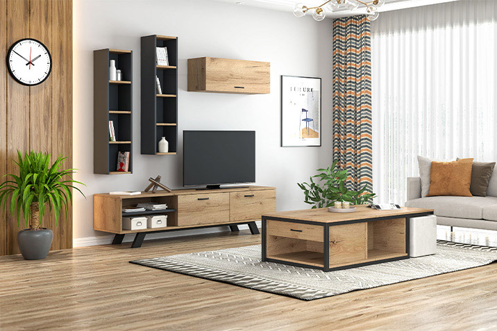 Modern living room with wooden furniture and elegant decor, ideal for Airbnb hosting, by CenterHome.