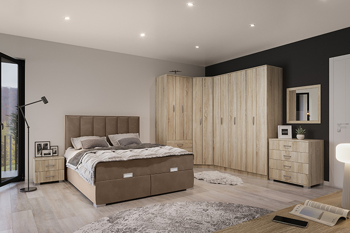 Υπνοδωμάτιο με γωνιακή ντουλάπα, μεγάλο κρεβάτι σε φυσικές ξύλινες αποχρώσεις.