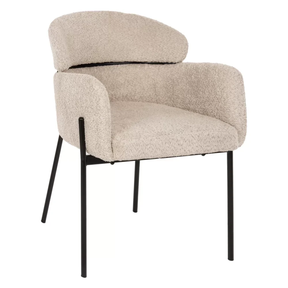 Καρέκλα-Πολυθρόνα WOLF Ύφασμα Μπουκλέ Εκρού και Μεταλλικά Μαύρα πόδια 58x58x80Yεκ.