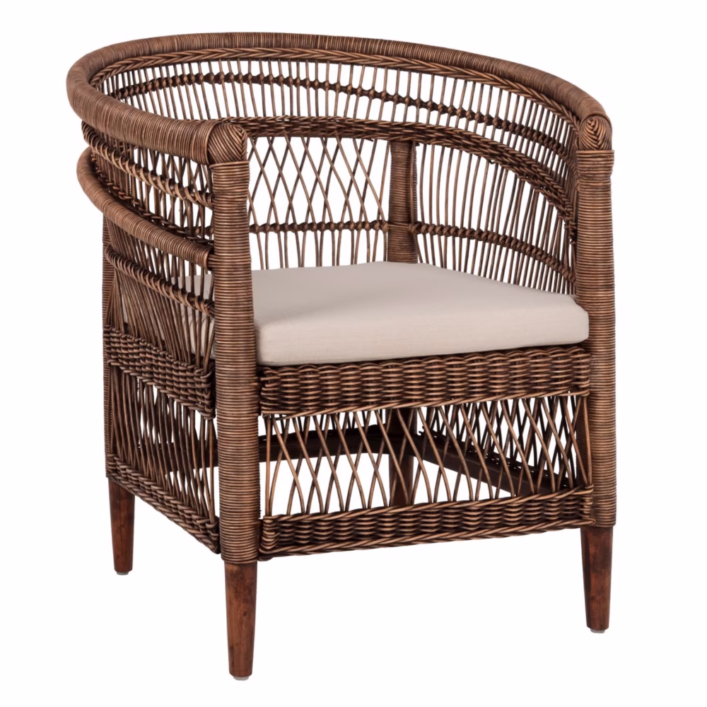 Καρέκλα - Πολυθρόνα MALAWI C9635.01 Ξύλο Μαόνι με Rattan Kαφέ και Λευκό Μαξιλάρι 80x70x86Υεκ.
