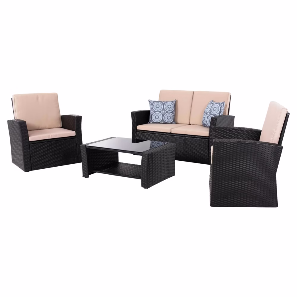 Σετ Κήπου Σαλόνι THORE 4 τεμ με Μαύρο Rattan & Μπέζ Μαξιλάρια