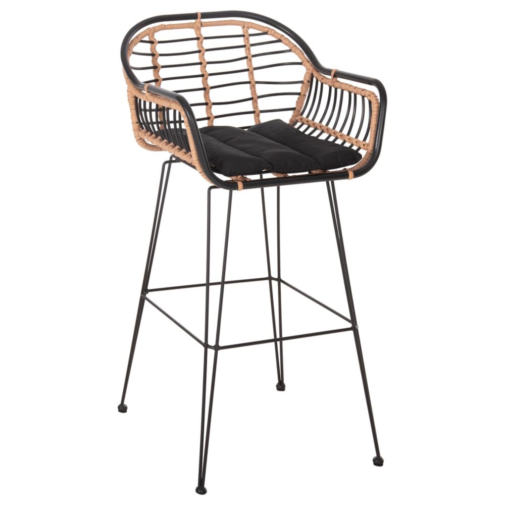 Σκαμπό Μπαρ ALLEGRA C5690.11 Μεταλλικό με Μπέζ Wicker & Μαύρο Μαξιλάρι 55x54x108Υεκ.
