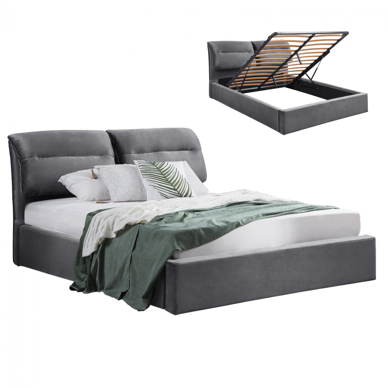 Επενδυμένο Κρεβάτι KENDRA Διπλό με Αποθηκευτικό χώρο Βελούδο Γκρί 160x200 εκ.