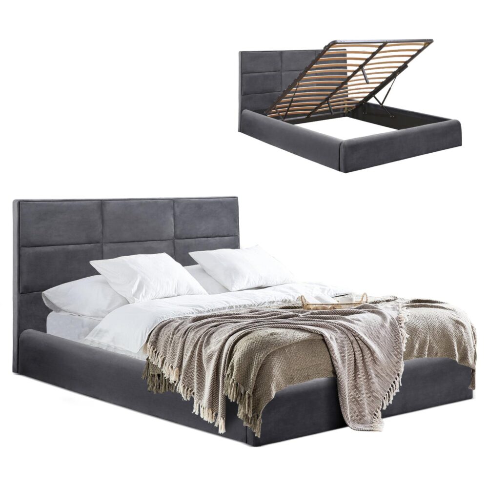 Επενδυμένο Κρεβάτι BRILEY Διπλό με Αποθηκευτικό χώρο Βελούδο Γκρί 160x200 εκ