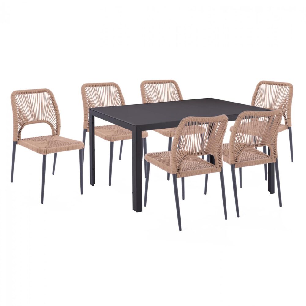 Σετ κήπου Τραπεζαρία HM11526.01 7 τεμ Γκρί με Τραπέζι 150x90x75 εκ. & 6 Καρέκλες με Σχοινί Μπέζ