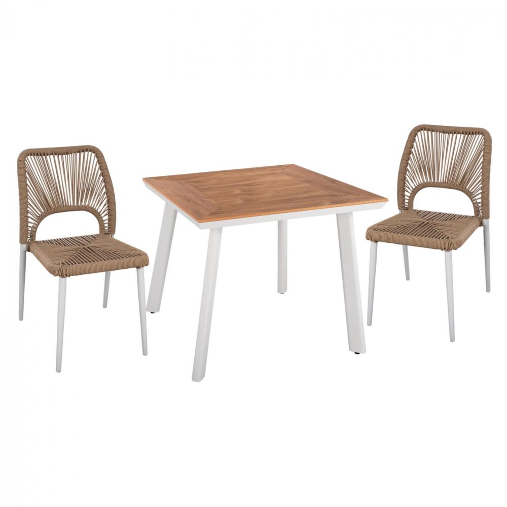 Σετ Κήπου Τραπεζαρία HM11536.01 3 τεμ Λευκό με Τραπέζι Polywood 80x80x73 εκ. & 2 Καρέκλες με Σχοινί