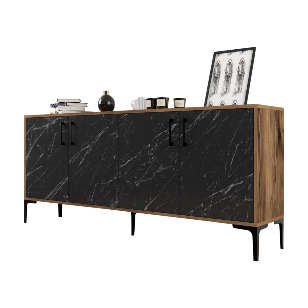 Μπουφές C9428.03 Μελαμίνης Καρυδί και Όψη Μαύρο Μάρμαρο 180x35x78Υεκ.