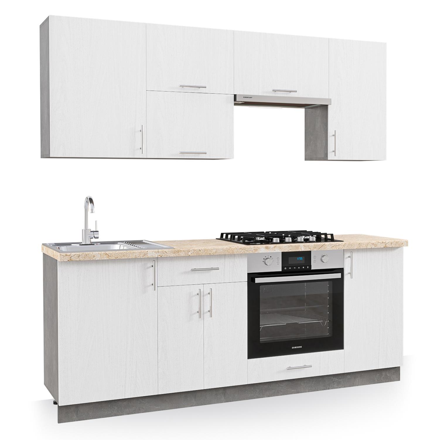 Έτοιμη Σύνθεση κουζίνας C2470.02 Μελαμίνη Λευκή με Πάγκο Μπέζ Μάρμαρο 200x47x200Υεκ.
