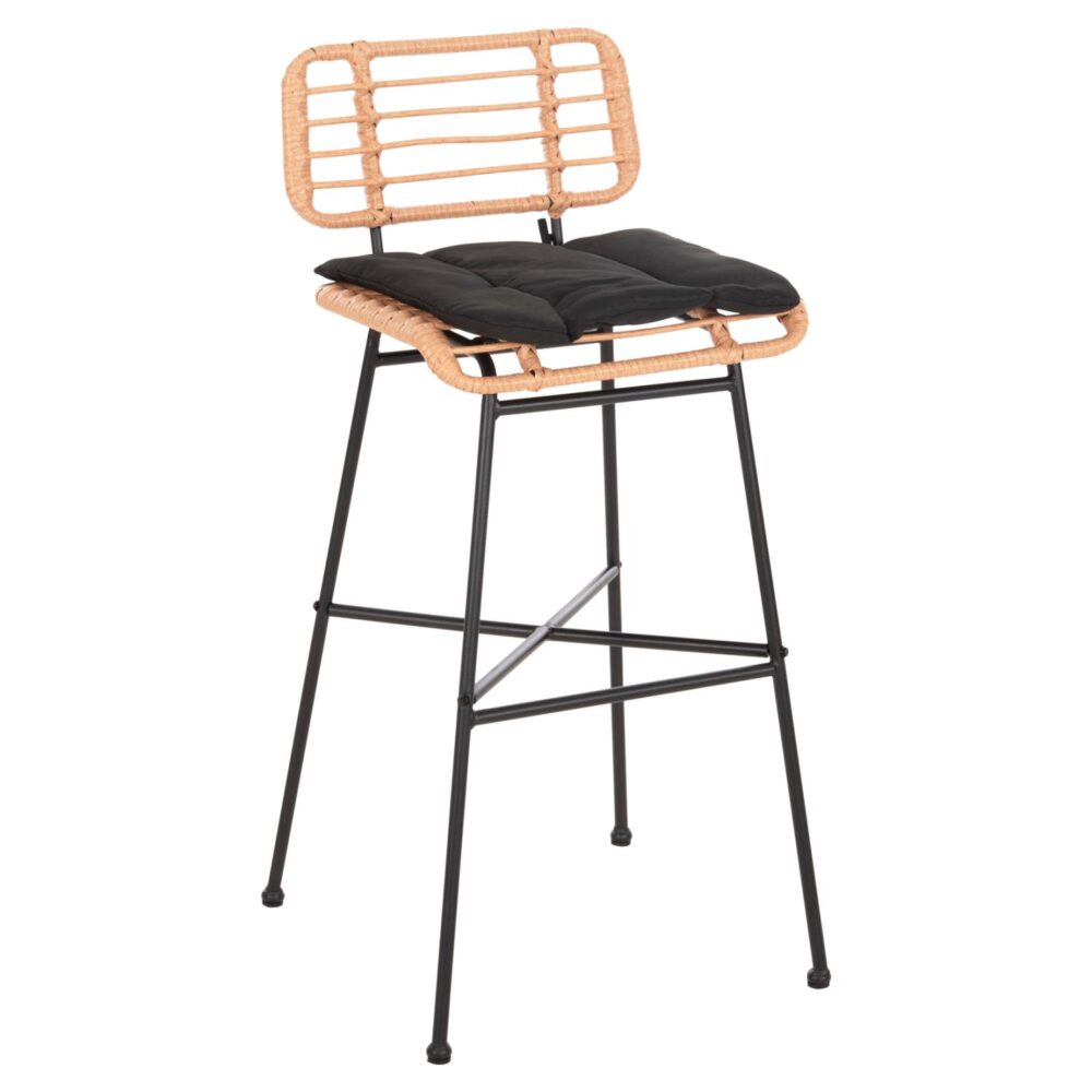 Σκαμπό Μπαρ ALLEGRA C5708.11 Μεταλλικό Ψηλό με Μπεζ Wicker & Μαύρο Μαξιλάρι 48x49x99,5Υεκ.