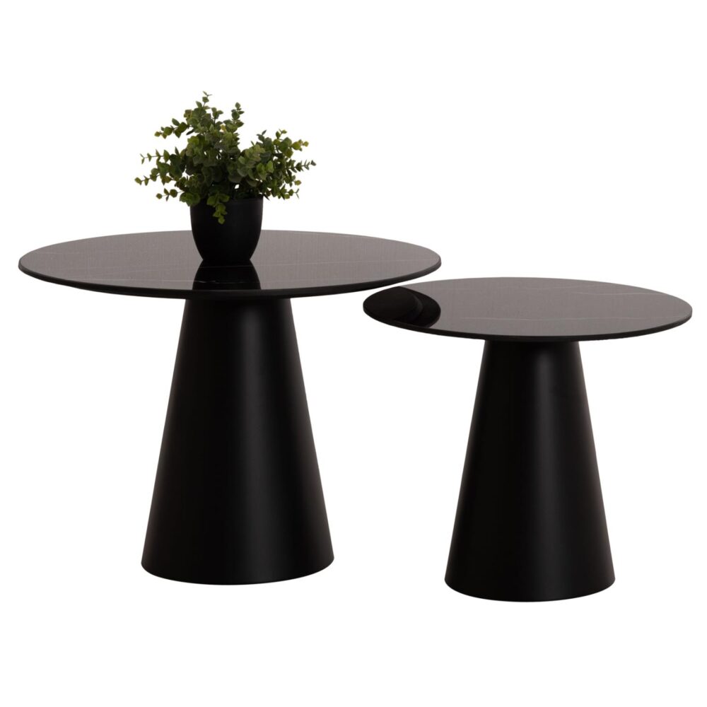 Τραπεζάκια σαλονιού DIEN Σετ 2 τμχ Κεραμικό TOP Μαύρο και Μεταλλικές βάσεις Φ56.5 & Φ43.5 εκ.