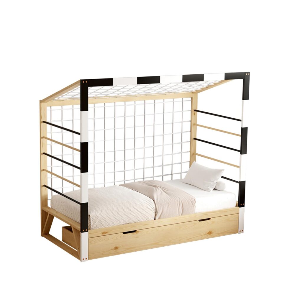 Κρεβάτι παιδικό με Συρτάρι GOALIE Ξύλο Πεύκου Φυσικό - Λευκό - Μαύρο 190x90 εκ.