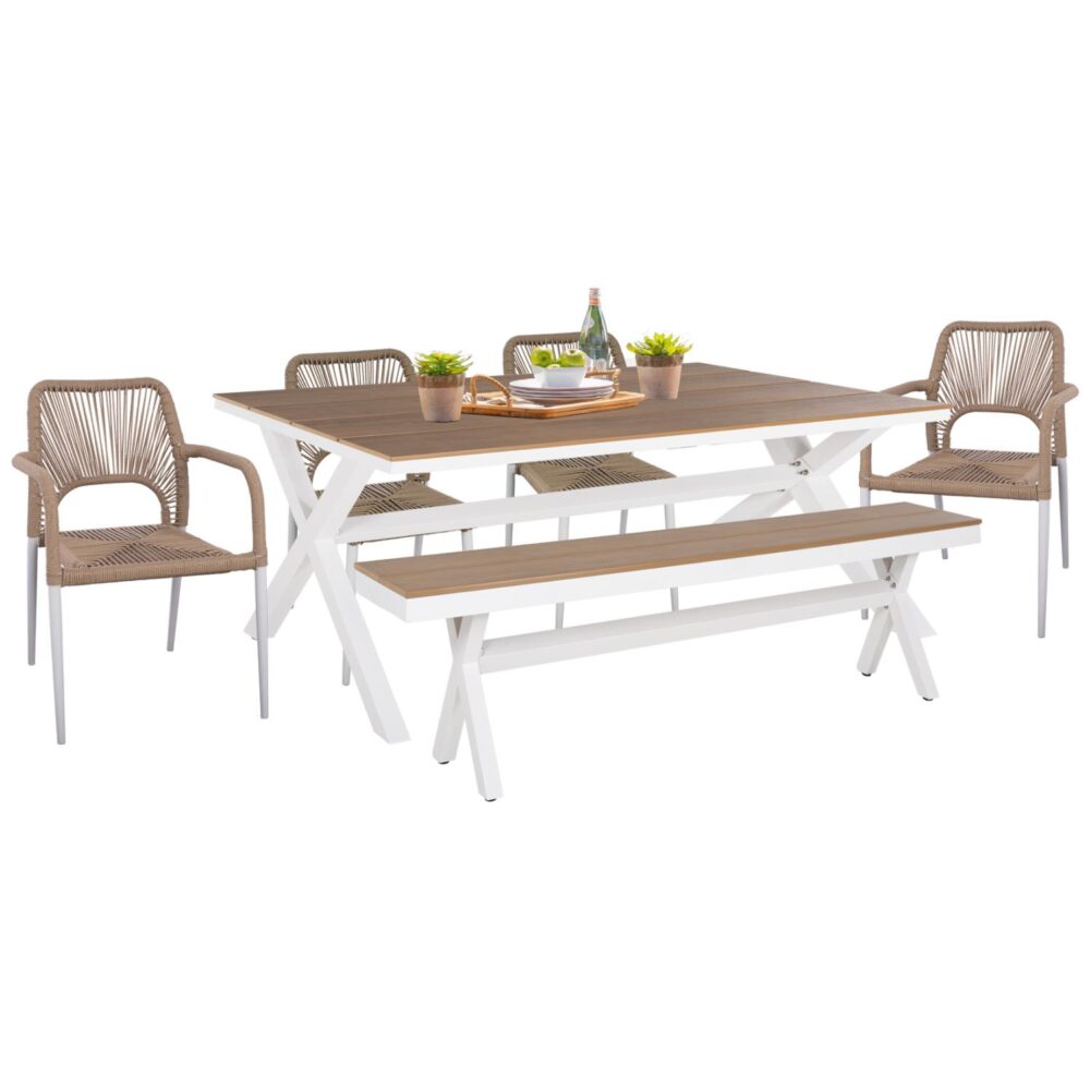 Σετ κήπου Τραπεζαρίας TAWNEE C21108 6τμχ. Τραπέζι - Παγκάκι & 4 Καρέκλες Μπέζ - Λευκό