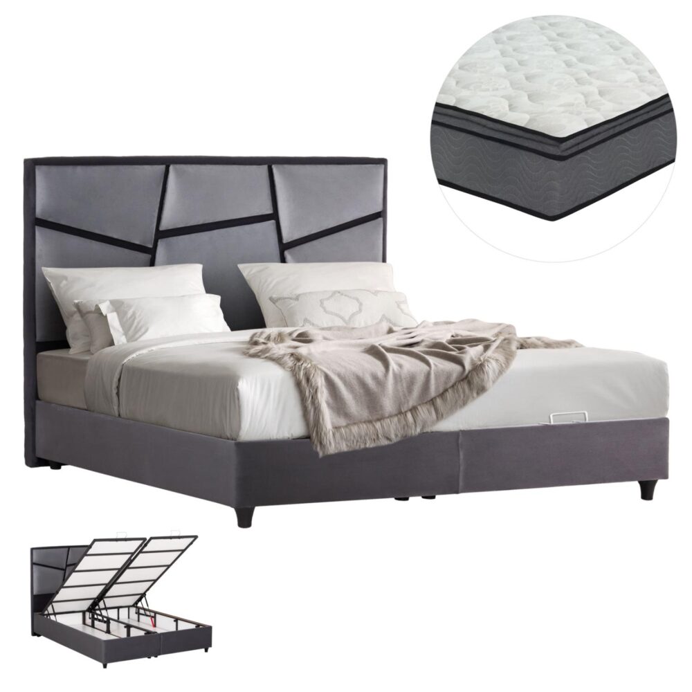 Επενδυμένο Κρεβάτι με Στρώμα IRIDA Διπλό με Αποθηκευτικό χώρο Βελούδο Γκρί 160x200εκ.