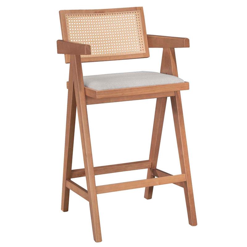 Σκαμπό bar Winslow ξύλο rubberwood ανοικτό καρυδί-pvc rattan φυσικό-ύφασμα γκρι Σκαμπό bar Winslow ξύλο rubberwood ανοικτό καρυδί-pvc rattan φυσικό-ύφασμα γκρι