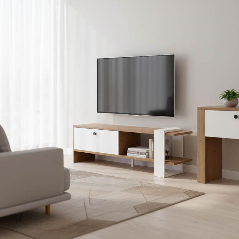 Έπιπλο τηλεόρασης Salon χρώμα καρυδί-λευκό 120x25x37εκ Έπιπλο τηλεόρασης Salon χρώμα καρυδί-λευκό 120x25x37εκ
