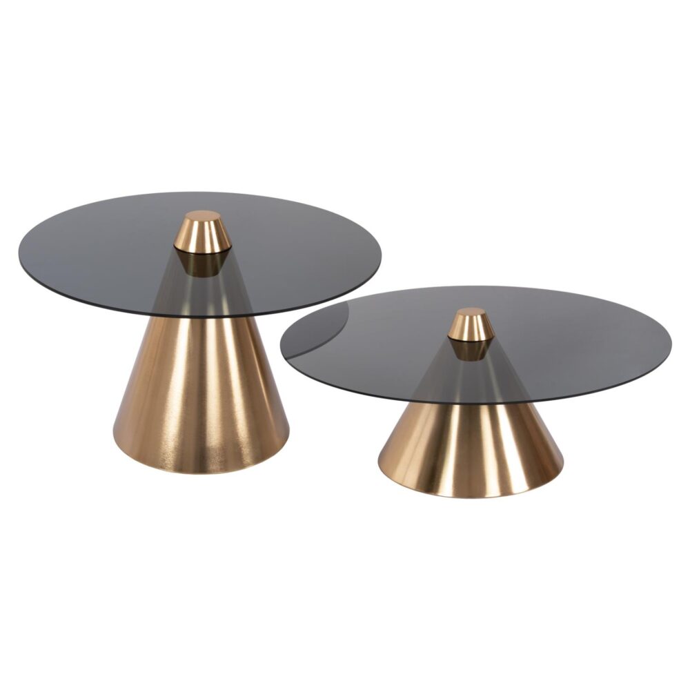 Τραπεζάκια σαλονιού REBEN Σετ 2 τμχ Μέταλλο Χρυσό - Φιμέ Γυαλί Μαύρο Φ80 & Φ60 εκ.