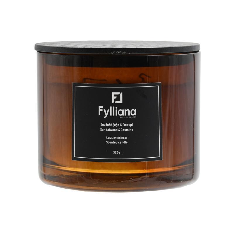 Αρωματικό Κερί FL1180 Fylliana "Σανδαλόξυλο & Γιασεμί" σε Γυάλινο Βάζο 325gr Καφέ Χρώμα με Συσκευασία Δώρου Φ8x10,5 εκ.