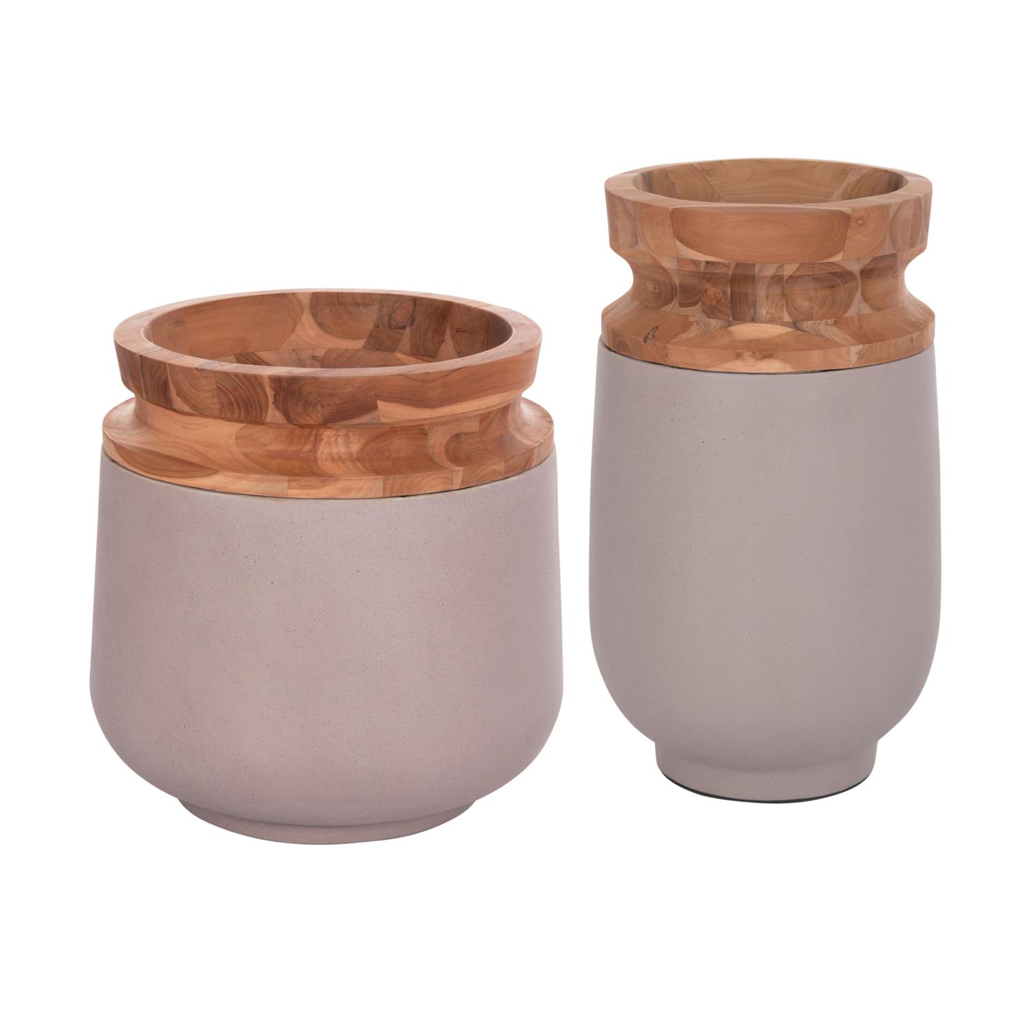 Διακοσμητικά βάζα δαπέδου σετ 2 τεμ. LINTER C21140.04 fiber cement taupe - ξύλο teak 47Υ & 60Υεκ Διακοσμητικά βάζα δαπέδου σετ 2 τεμ. LINTER C21140.04 fiber cement taupe - ξύλο teak 47Υ & 60Υεκ