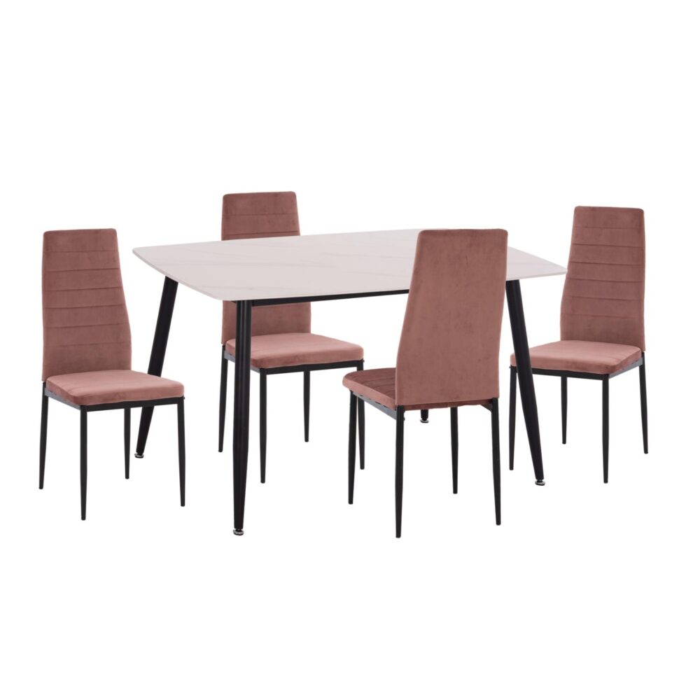 Σετ τραπεζαρίας RAVEN C21264.01 5τμχ με Κεραμικό TOP Λευκό Μάρμαρο και Βελούδο Σάπιο Μήλο