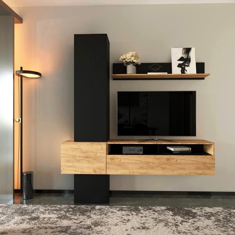 Σύνθετο σαλονιού Wendy σε oak-μαύρη απόχρωση 195.1x37.3x219.1εκ Σύνθετο σαλονιού Wendy σε oak-μαύρη απόχρωση 195.1x37.3x219.1εκ