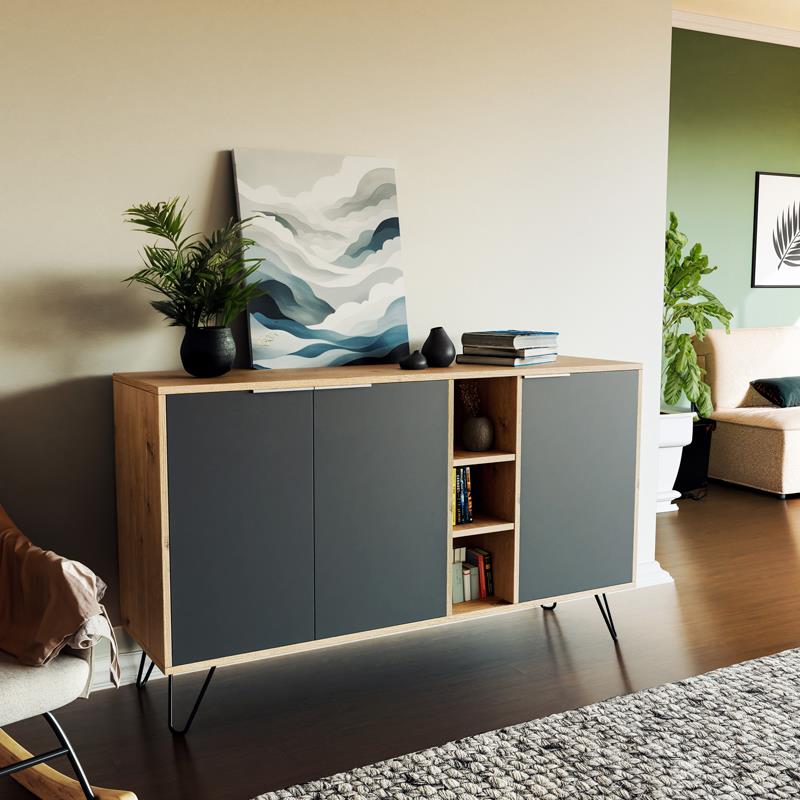 Μπουφές Clara χρώμα light oak-ανθρακί 142x35.5x83εκ