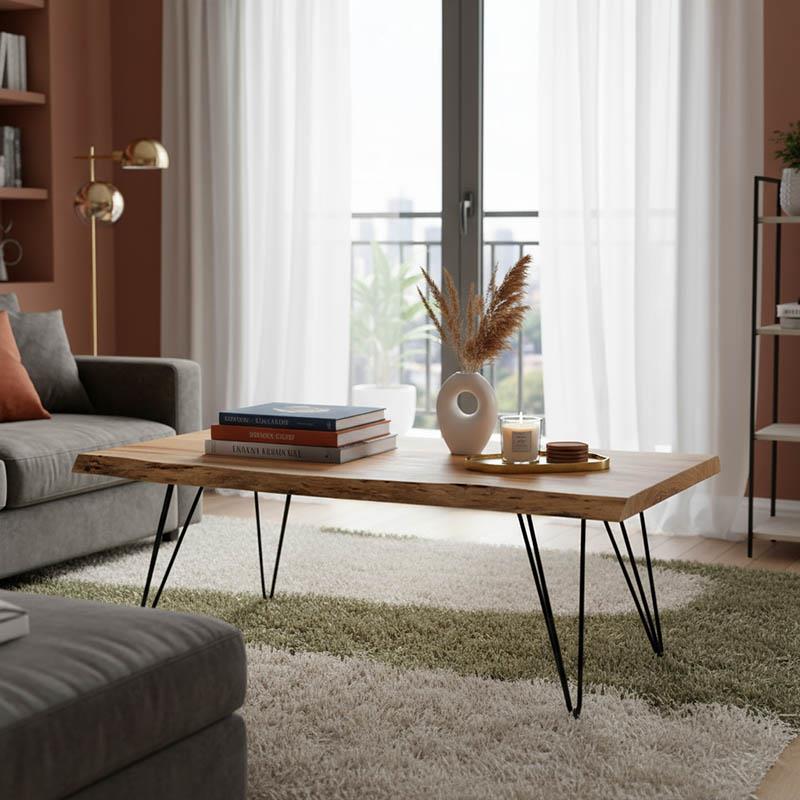 Τραπέζι σαλονιού Rich μασίφ ξύλο 4εκ φυσικό-πόδι μαύρο 130x69x46εκ