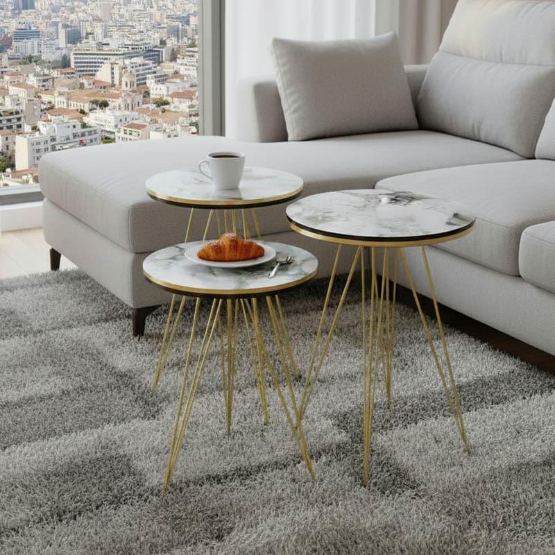 Τραπεζάκια σαλονιού Βοηθητικά Wakmi σετ 3 τεμ. σε λευκό μπεζ μάρμαρο μελαμίνη - χρυσό μέταλλο Τραπεζάκια σαλονιού Βοηθητικά Wakmi σετ 3 τεμ. σε λευκό μπεζ μάρμαρο μελαμίνη - χρυσό μέταλλο