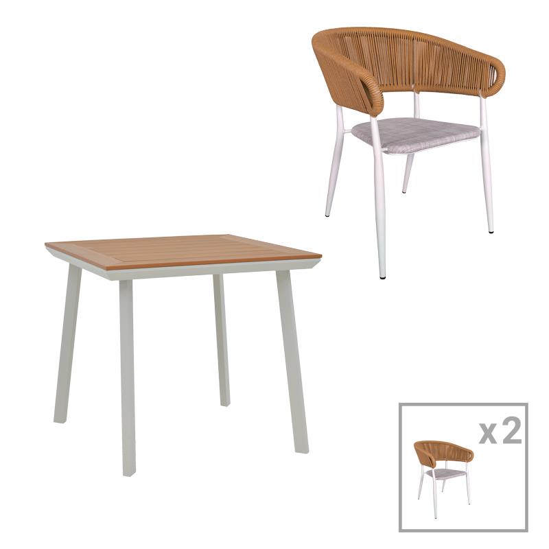Σετ Τραπεζαρία Synergy - Raven 3τεμ λευκό αλουμίνιο και plywood σε φυσικό χρώμα 80x80x74εκ