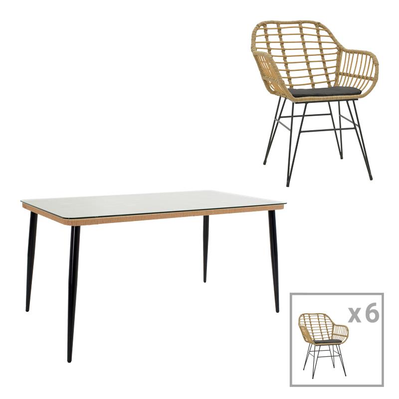 Σετ κήπου Τραπεζαρία Naoki Χ σετ 7τεμ rattan pe σε φυσικό και μαύρο μέταλλο 160x90x78εκ