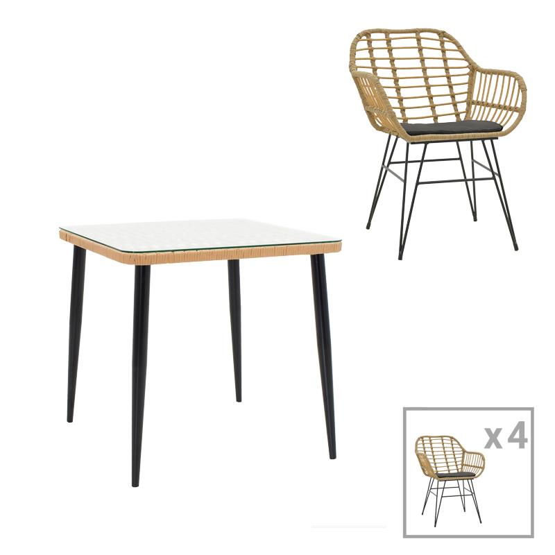 Σετ κήπου Τραπεζαρία Naoki V σετ 5τεμ rattan pe σε φυσικό και μαύρο μέταλλο 80x80x78εκ