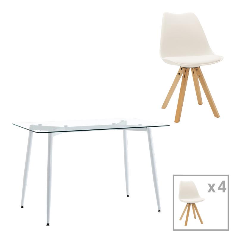 Σετ Τραπεζαρίας Quana - Caron 5 τεμ Γυάλινο 8χιλ Διάφανο με Λευκό Μεταλλικό Πόδι 120x70x75εκ.