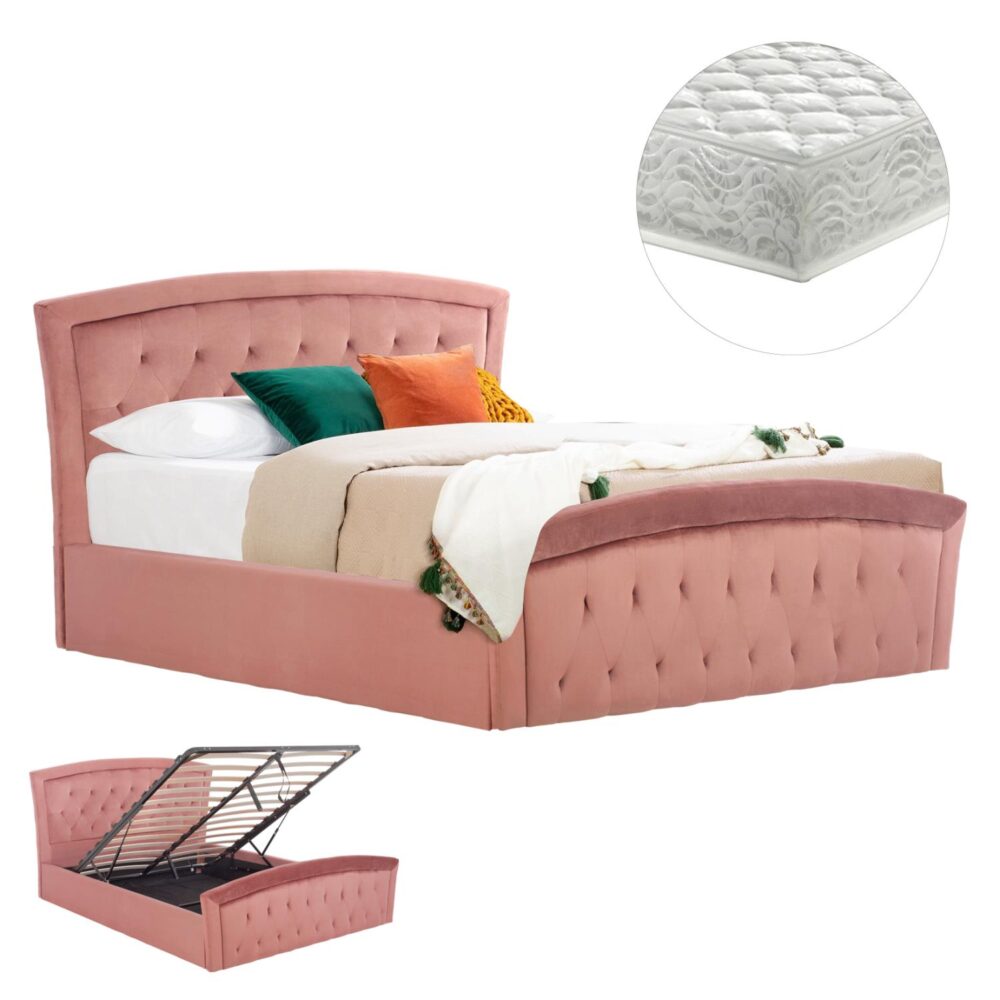 Επενδυμένο Κρεβάτι με Στρώμα ODELIA Διπλό με Αποθηκευτικό Χώρο Βελούδο Σάπιο Μήλο 160x200εκ