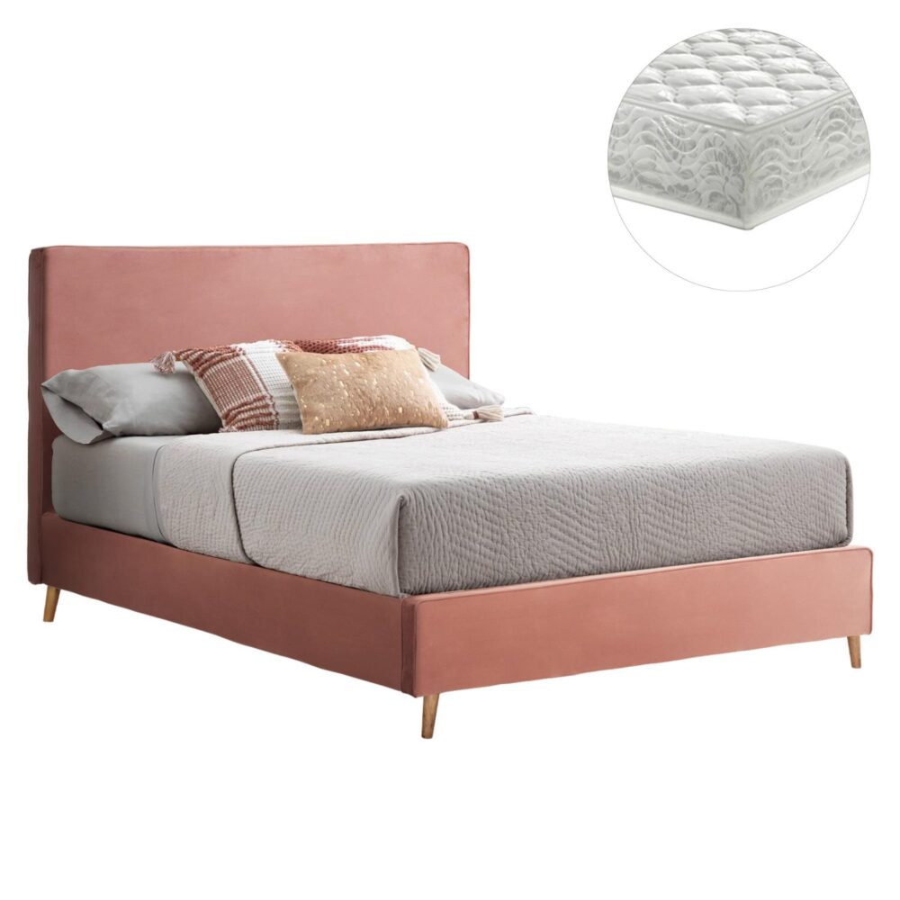 Επενδυμένο Κρεβάτι με Στρώμα INDRA Διπλό Βελούδο Σάπιο Μήλο 160x200εκ.