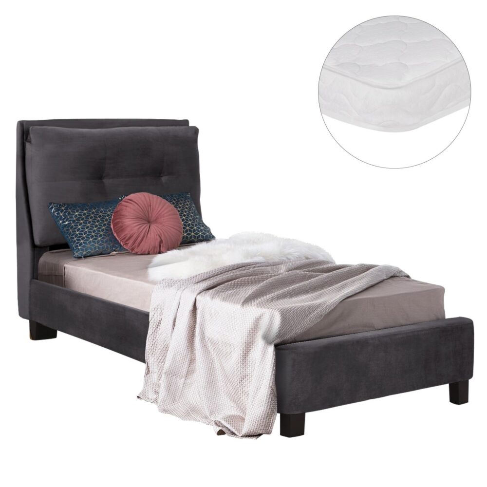 Επενδυμένο Κρεβάτι με Στρώμα RILEY Μονό Βελούδο Γκρί 90x200εκ.