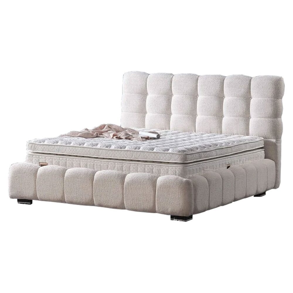 Επενδυμένο Κρεβάτι CLOUD Διπλό με Αποθηκευτικό χώρο και Ανατομικό Στρώμα Μπέζ 160x200εκ.