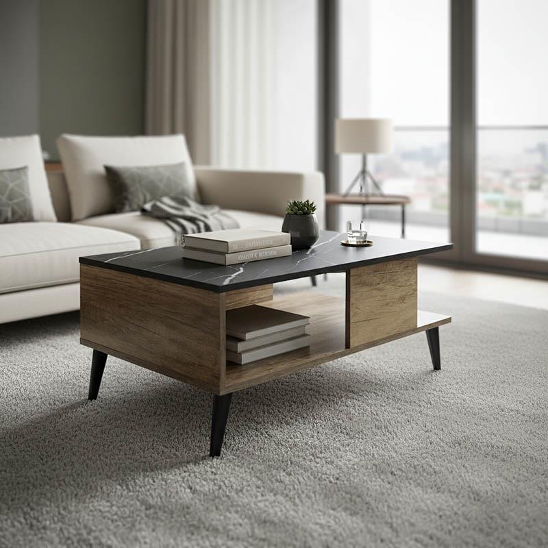 Τραπέζι σαλονιού Moses χρώμα μαύρο μαρμάρου-sonoma 90x54x37.5εκ