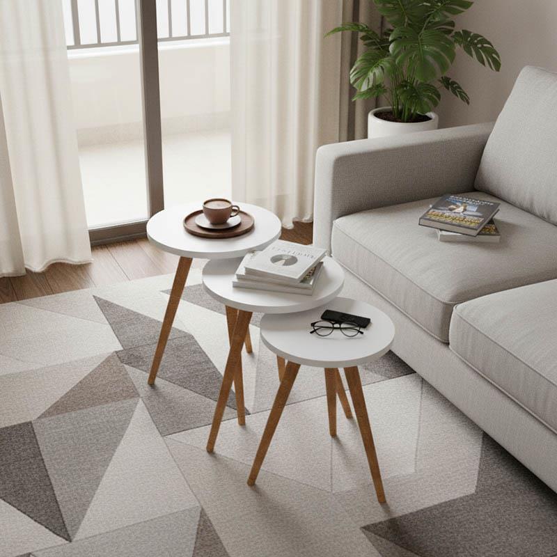 Βοηθητικά τραπέζια Perjene σετ 3τεμ μελαμίνη σε λευκή απόχρωση και ξύλινα πόδια