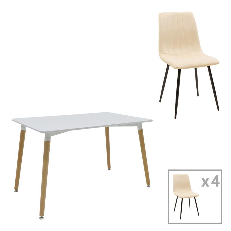 Σετ Τραπεζαρίας Natali-Noor 5 τεμ. MDF Λευκό - Μπέζ - πόδια σε Φυσικό 120x80x76εκ.