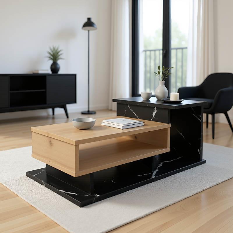 Τραπεζάκι σαλονιού Nuvele σε μαύρο μαρμάρου-sonoma απόχρωση 90x50x35εκ