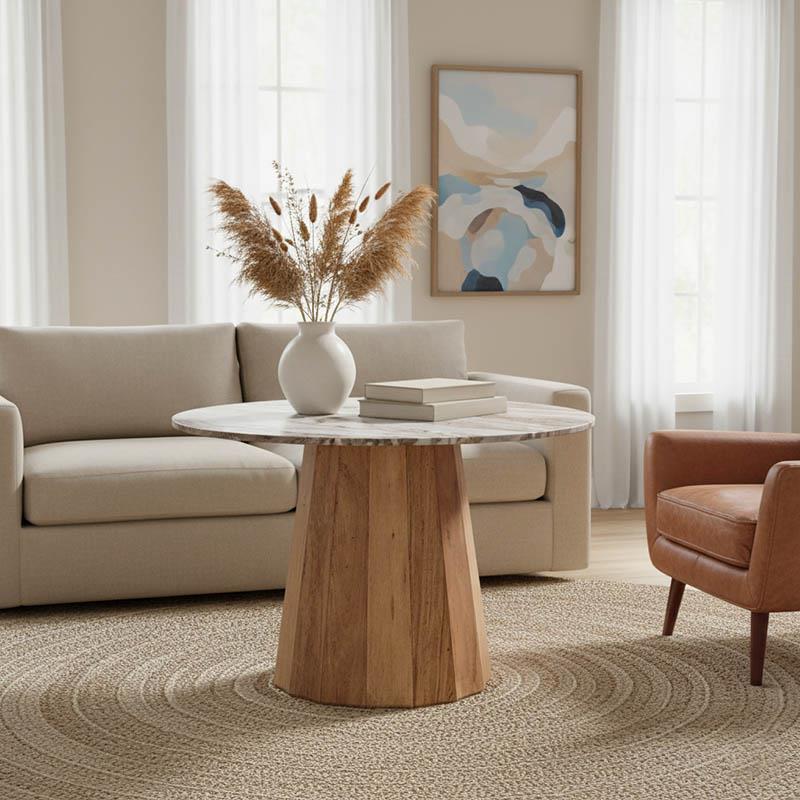 Τραπέζι Ezerdian μασίφ ξύλο ακακίας σε φυσική απόχρωση με επιφάνεια μαρμάρου Φ150x76εκ