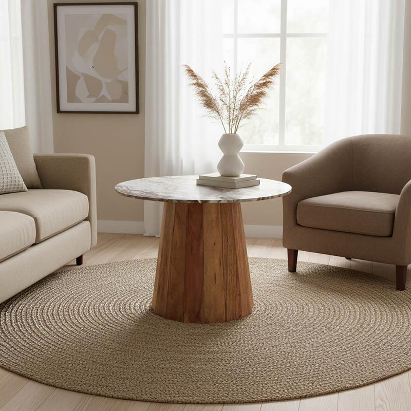 Τραπέζι Ezerdian μασίφ ξύλο ακακίας σε φυσική απόχρωση με επιφάνεια μαρμάρου Φ120x76εκ