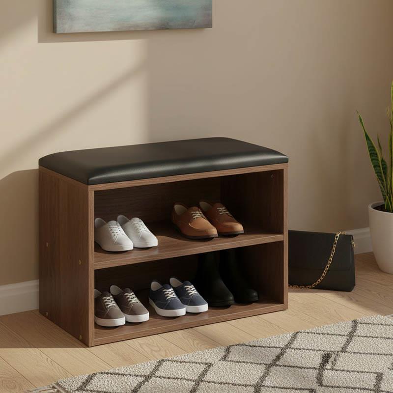 Παπουτσοθήκη-Σκαμπό Kiana 4 ζεύγων με μαξιλάρι σε καρυδί απόχρωση 60x32x44εκ