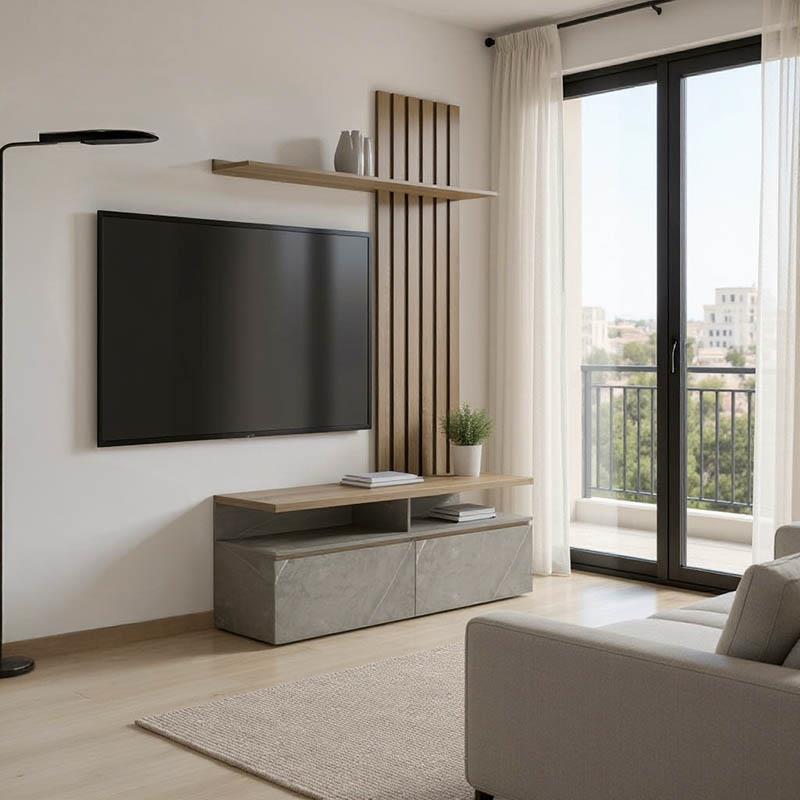 Σύνθετο σαλονιού Perlento σε μπεζ μαρμάρου με sonoma απόχρωση 140x41x219.5εκ