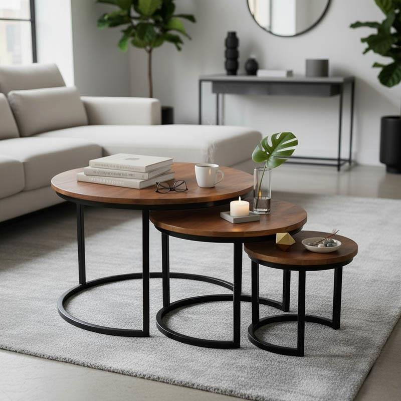 Τραπεζάκια σαλονιού Frina σετ 3τεμ mango ξύλο σε καρυδί με πόδι μαύρο μέταλλο