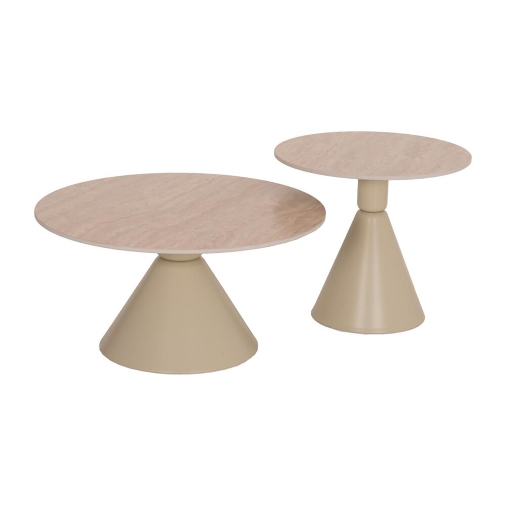 Σετ Τραπεζάκια σαλονιού JEN C18305.04 2 τεμ. Μέταλλο Σαμπανί-Κεραμικό σε Travertine χρώμα Φ50εκ & Φ70εκ